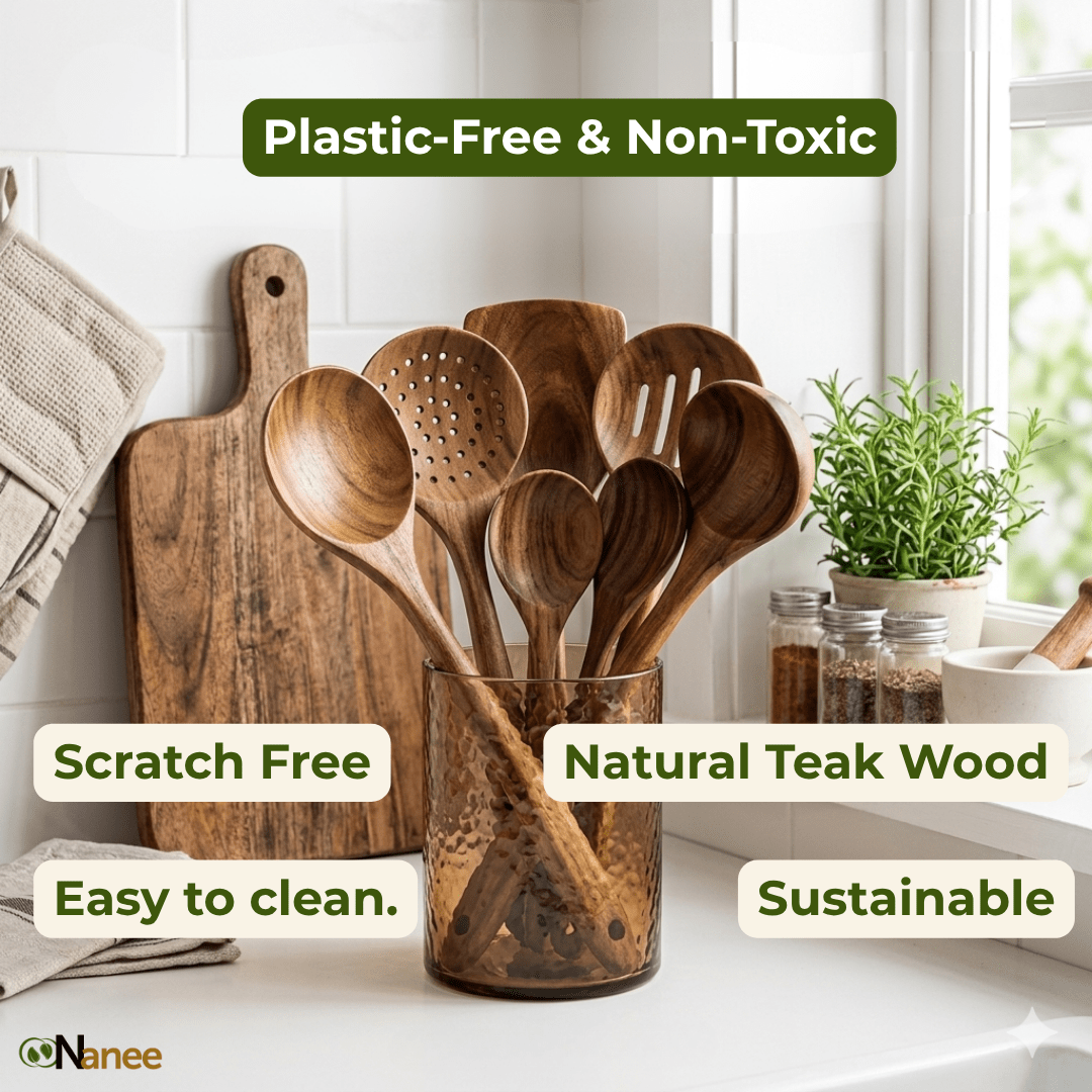 Wooden kitchen utensils in a glass container with text highlighting features on a kitchen counter.