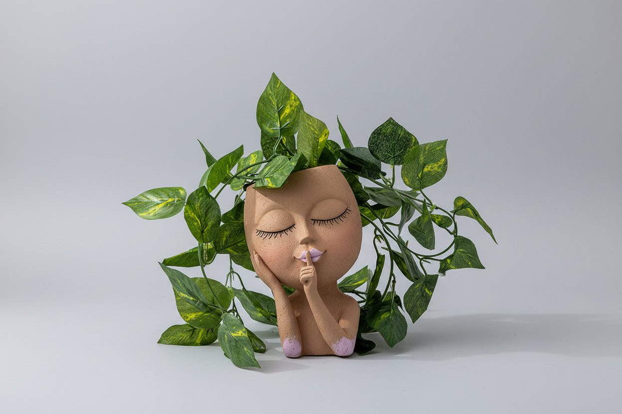 Decorative figurine with plant on a white surface