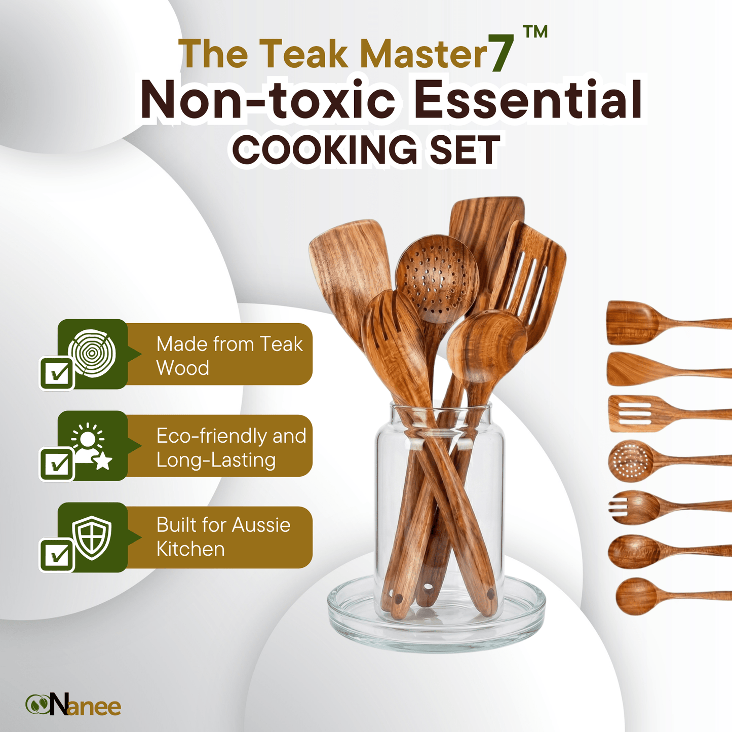 Wooden cooking utensils set in a glass jar with branding and product features on a white background