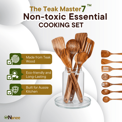 Wooden cooking utensils set in a glass jar with branding and product features on a white background