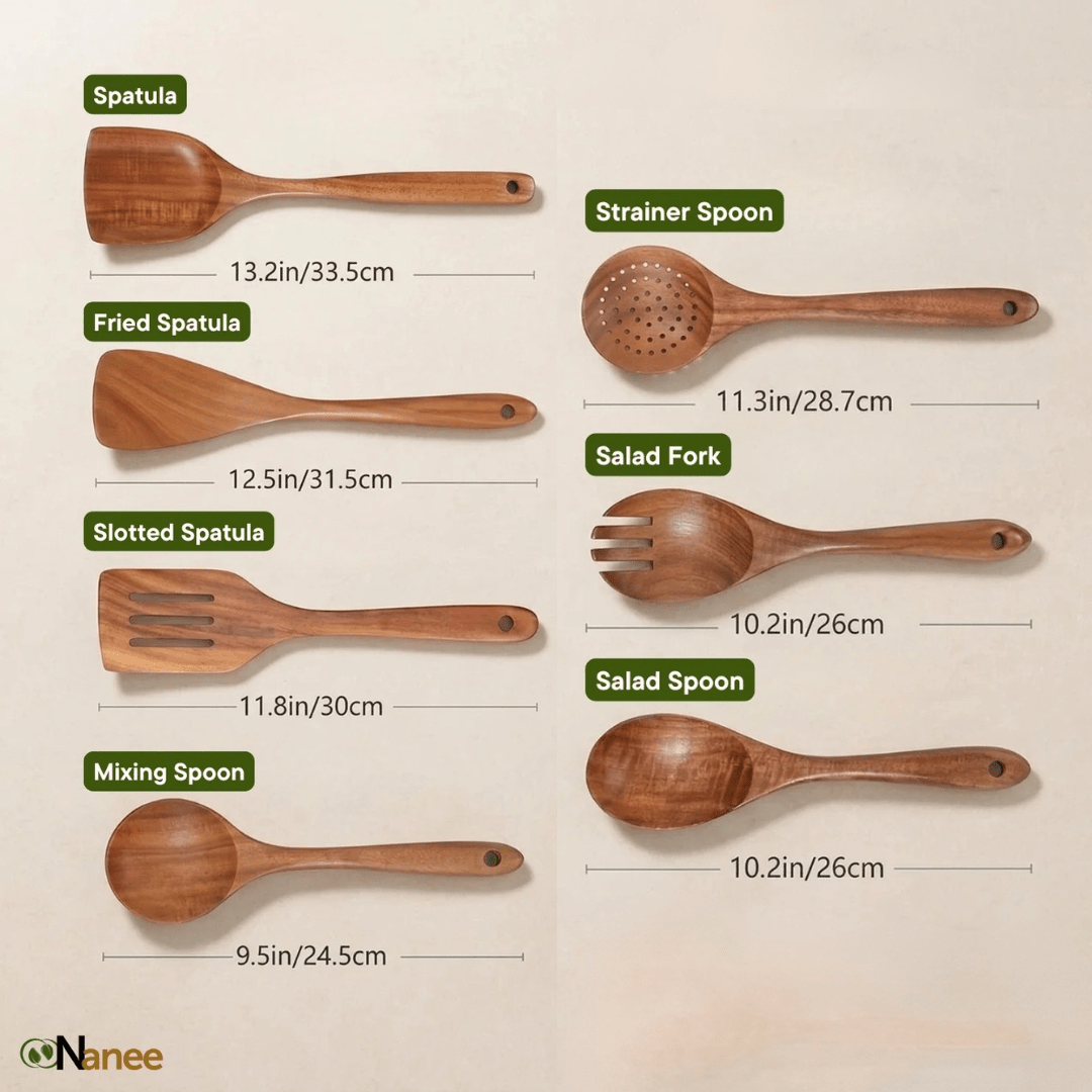 Set of wooden kitchen utensils with measurements and oNanee branding 
