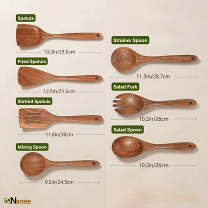 Set of wooden kitchen utensils with measurements and oNanee branding 