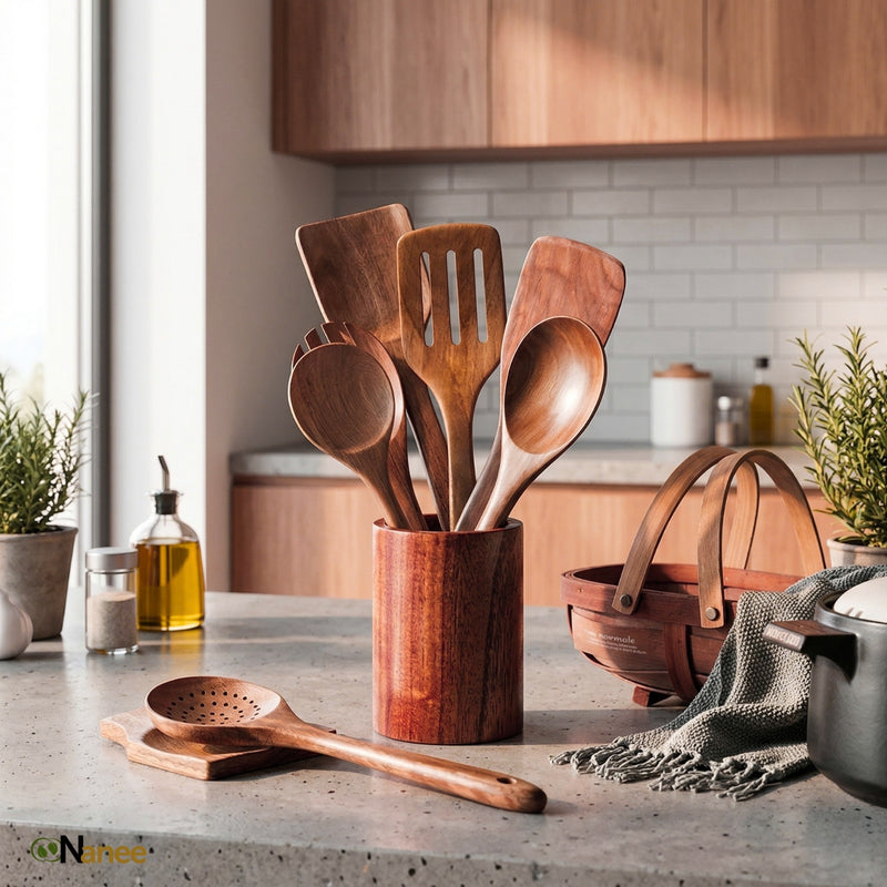 Teak Wood kitchen utensils in a holder on a kitchen counter