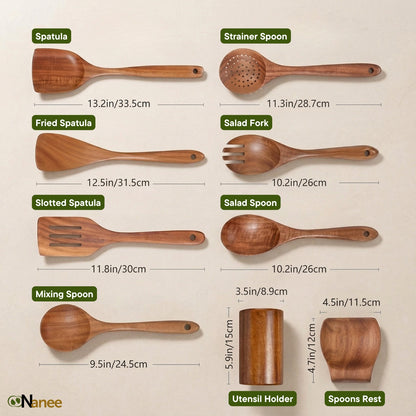 Set of teak master wooden kitchen utensils with measurements