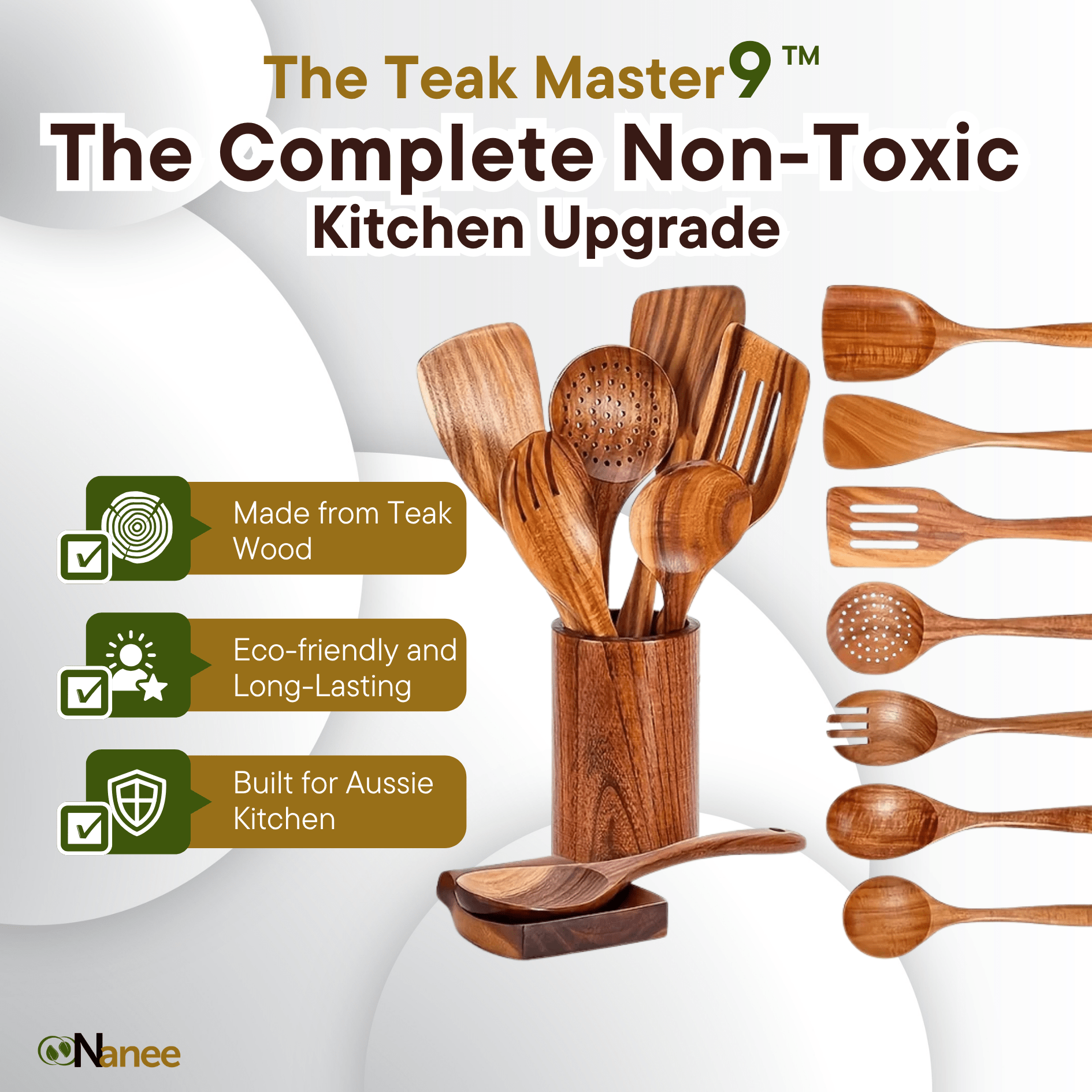 Wooden kitchen utensils set with promotional text about 'The Teak Master 9' product.
