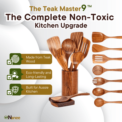 Wooden kitchen utensils set with promotional text about 'The Teak Master 9' product.