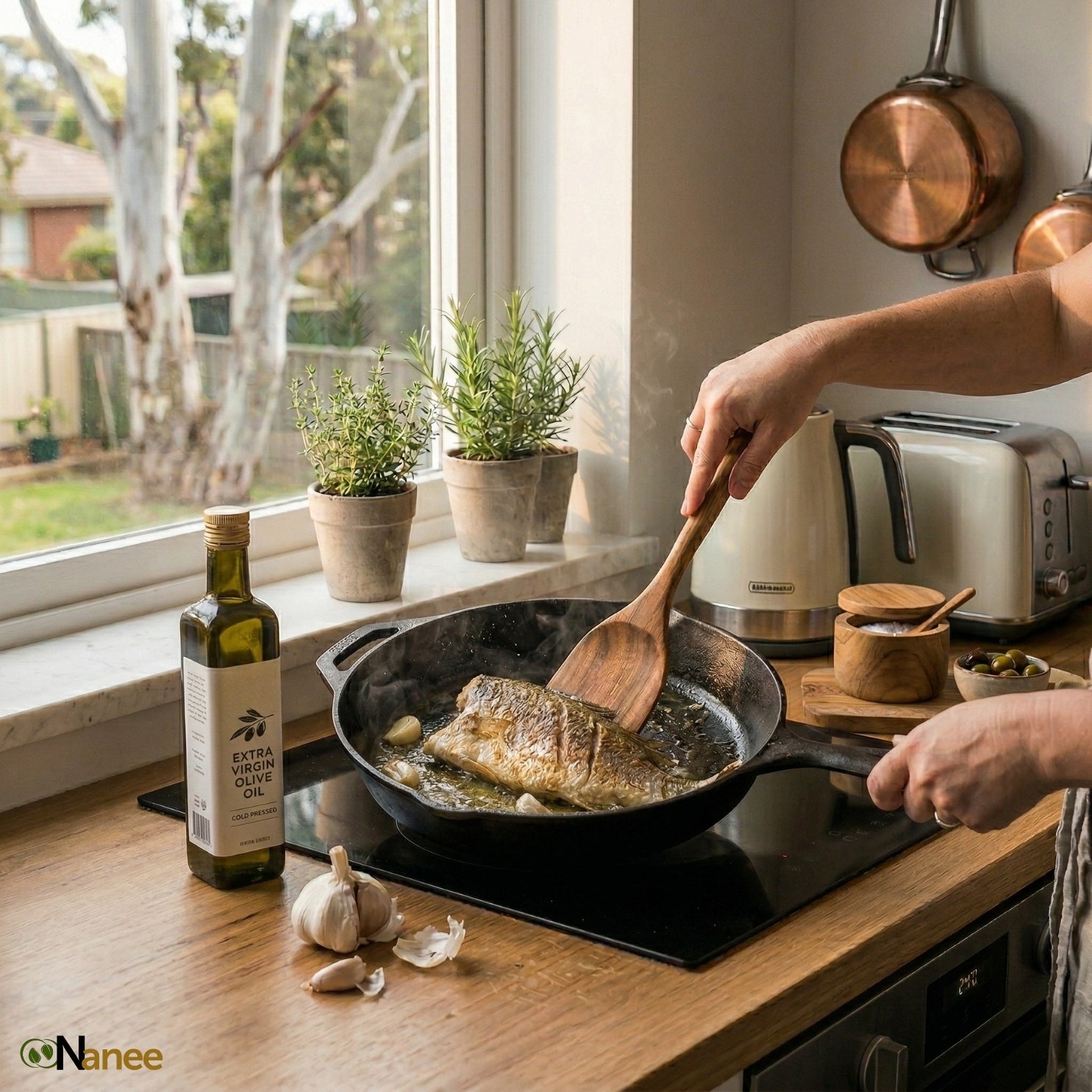 Person cooking fish in a pan on a stove using teak master spatula