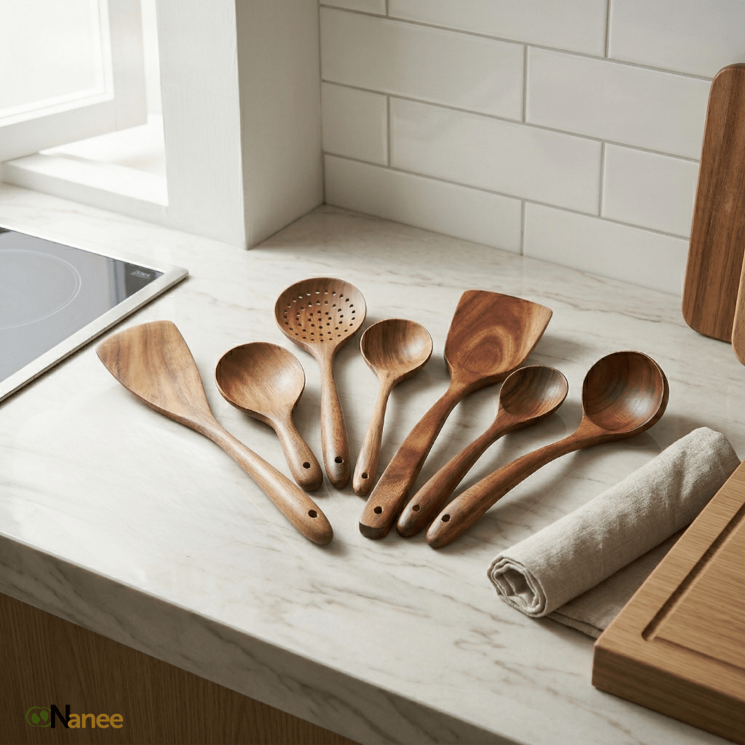 Set of wooden spoons on a kitchen counter with a light background