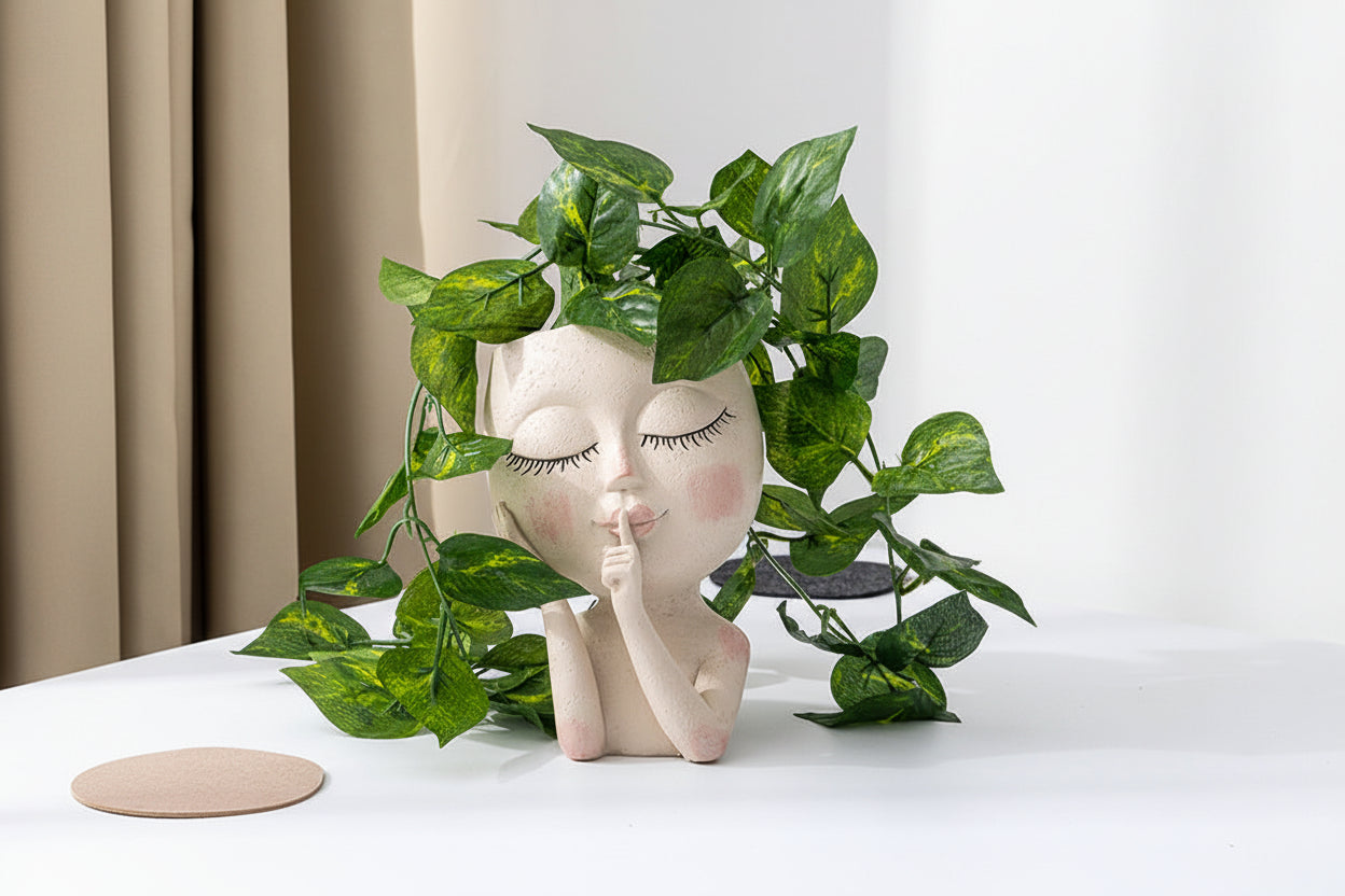 Decorative statue with a face and leaves on a white surface