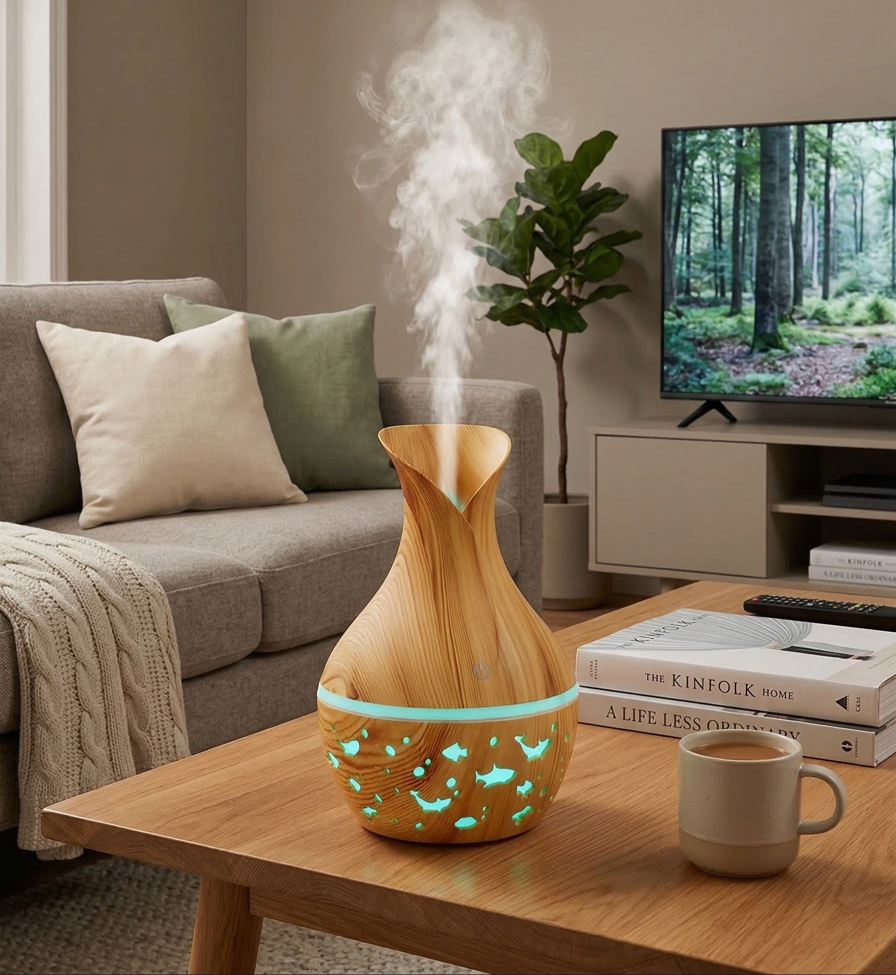 Wooden diffuser emitting steam in a living room with a TV and books in the background