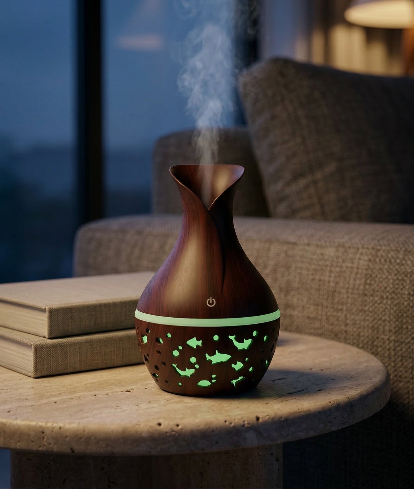 Aesthetic diffuser with glowing design on a table in a cozy room.